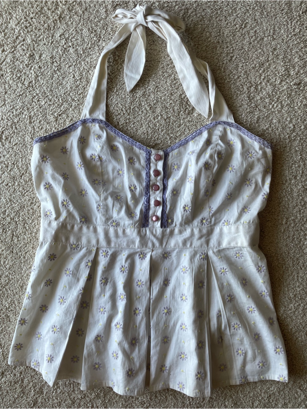 Odille White Halter Floral Peplum Tank Top with Lavender Trim